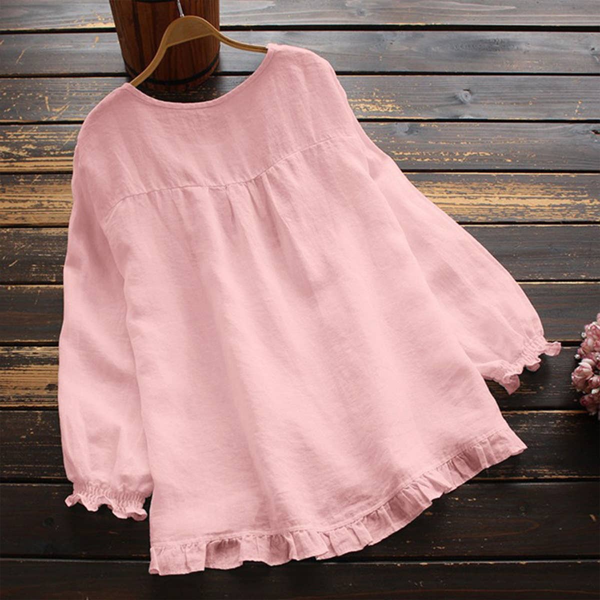 SOLID COLOR LOOSE RUFFLED CUFFS ROUND NECK SHIRT