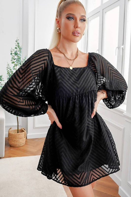 CWDSD6596_JACQUARD SQUARE COLLAR LANTERN SLEEVE DRESS SHORT