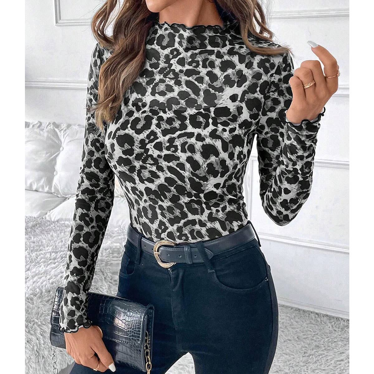 SEXY LEOPARD PRINT MESH FITTED T-SHIRT