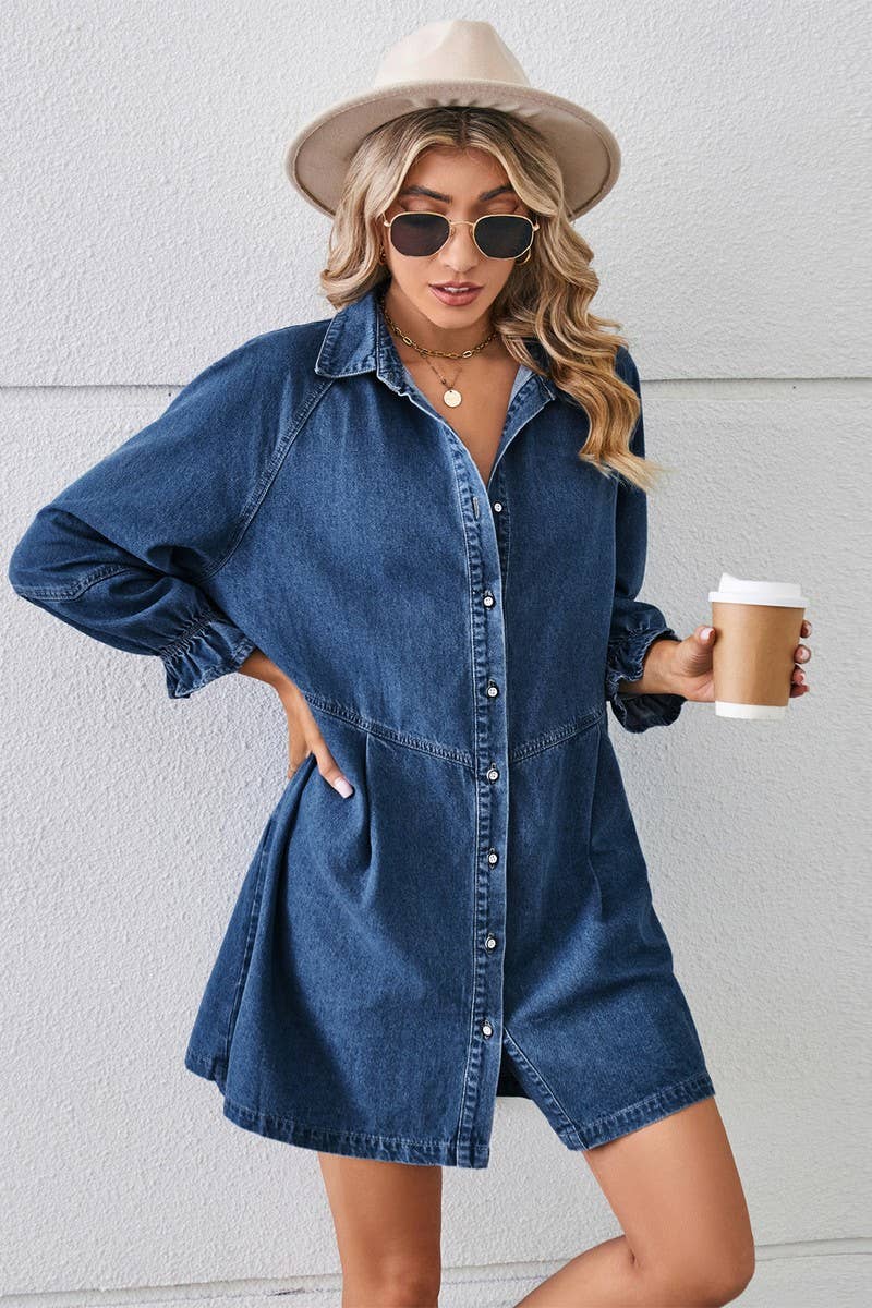 CWDSD10891_WASHED LONG-SLEEVED PANELED DENIM DRESS