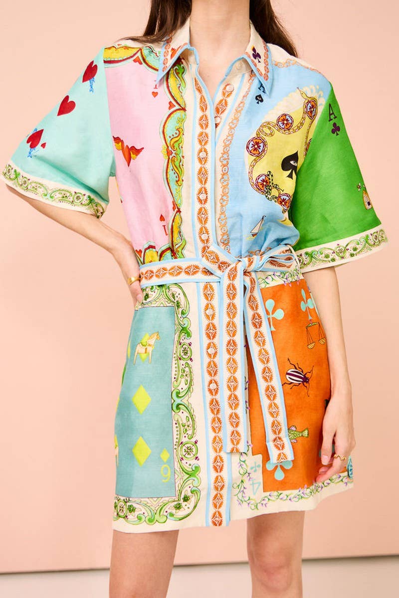 CWDSD8074_ELEGANT FLORAL BELTED COLLAR SHORT SLEEVE DRESS