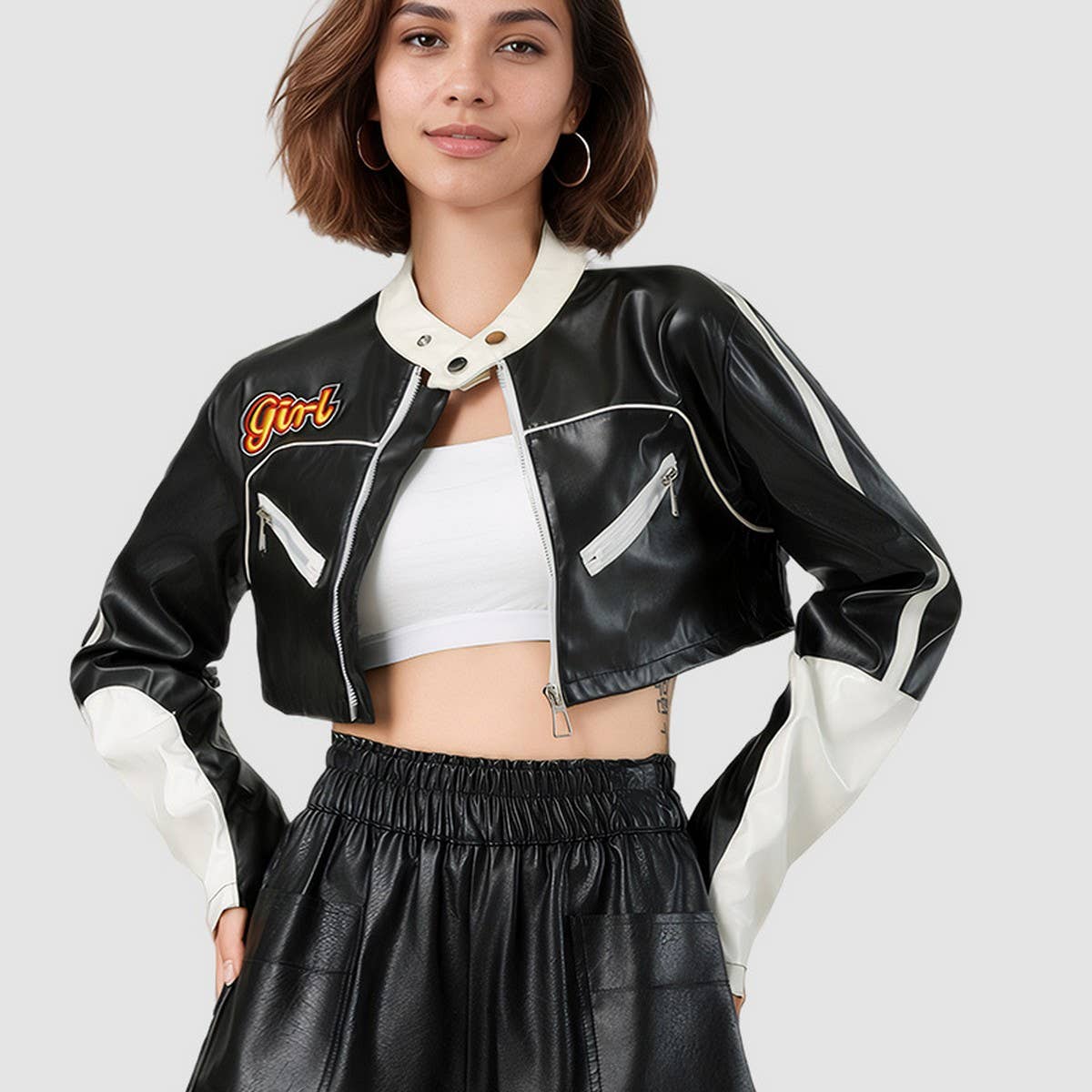 Colorblock Biker PU Jacket ? Trendy Women¡¯s Coat