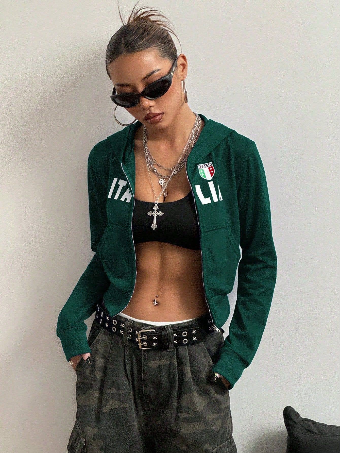 INS hooded zipper printed short hoodie jacket