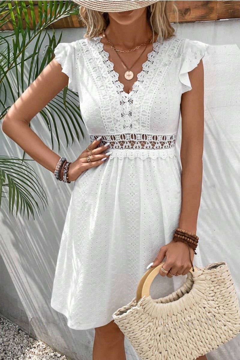 KNITTED JACQUARD CUTOUT BUTTERFLY SLEEVE DRESS