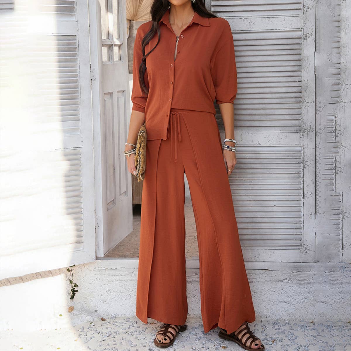 Loose irregular design wide leg pants shirt suit