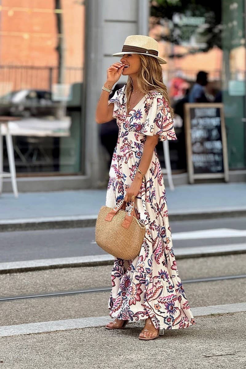 CWDMD6482_FLORAL V-NECK RUFFLE SLEEVE BELTED DRESS