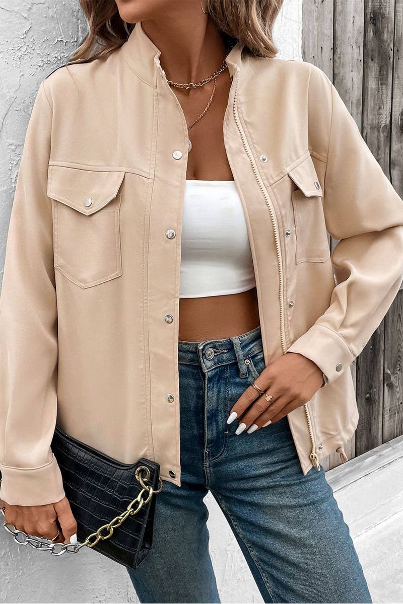 CWOJA1722_WOMEN'S CASUAL STAND COLLAR SOLID COLOR JACKET