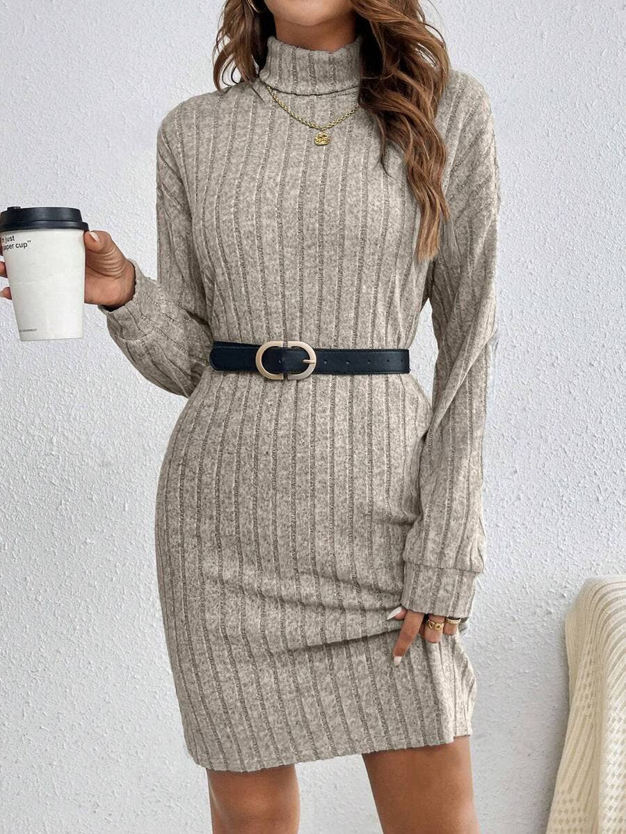 Loose solid-color high-neck long-sleeved dress