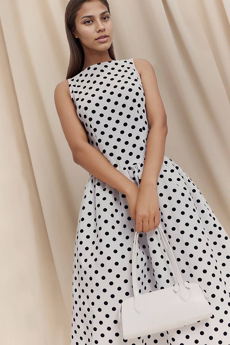 CWDMD6426_SLEEVELESS CREW NECK POLKA DOT PULLOVER DRESS