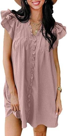 Fashionable V-neck ruffled short-sleeved dress