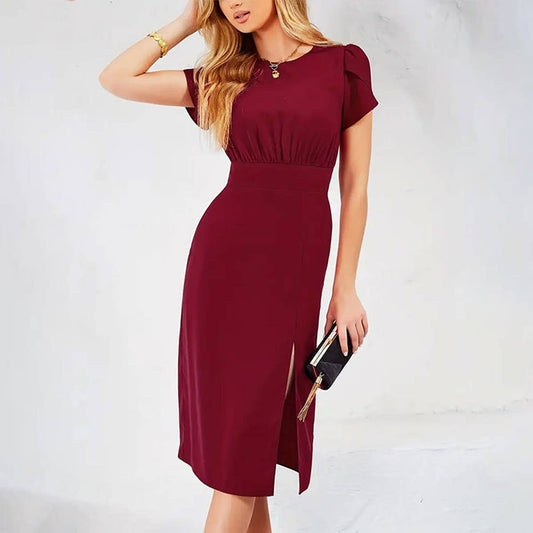 Pinched waist slit pleated dress