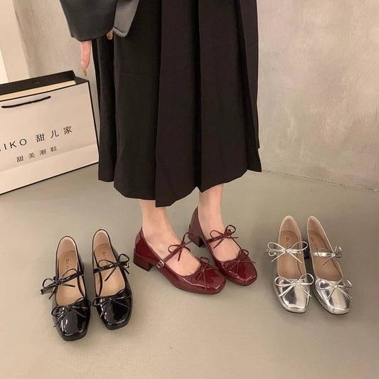 Red Bow Mary Jane Pumps with Chunky Heel_CWSHF0077