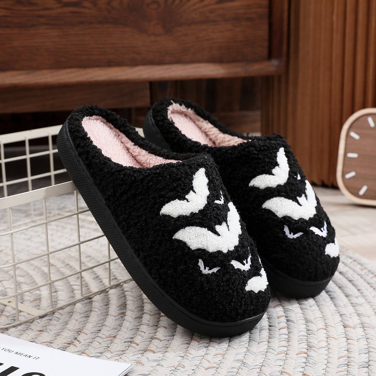 HALLOWEEN BAT EMBROIDERED COTTON SLIPPERS