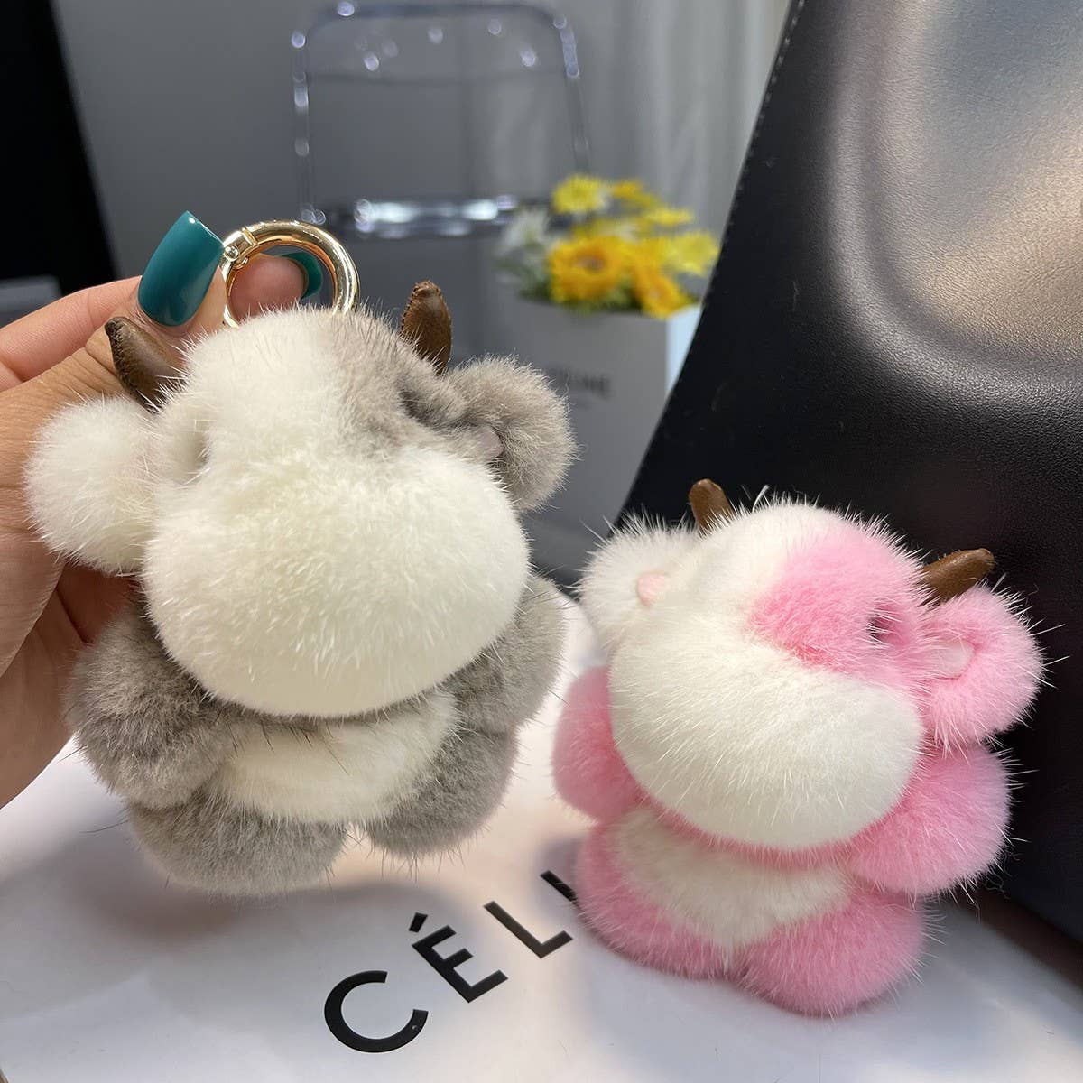 CUTE CALF MINK FUR COW CAR KEYCHAIN PENDANT GIFT