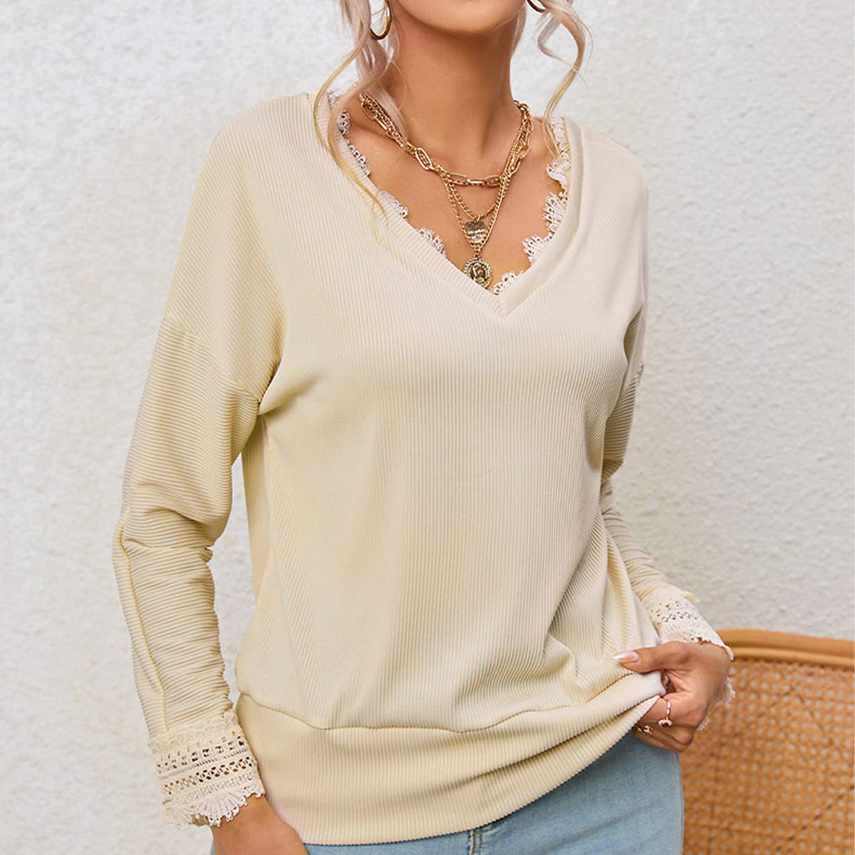 LACE TRIM V-NECK THIN SIMPLE SOLID COLOR SWEATER
