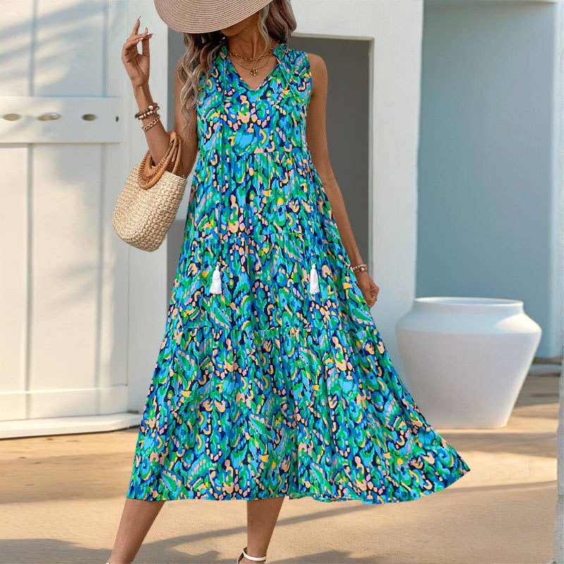 Ethnic print sleeveless V-neck long loose dress