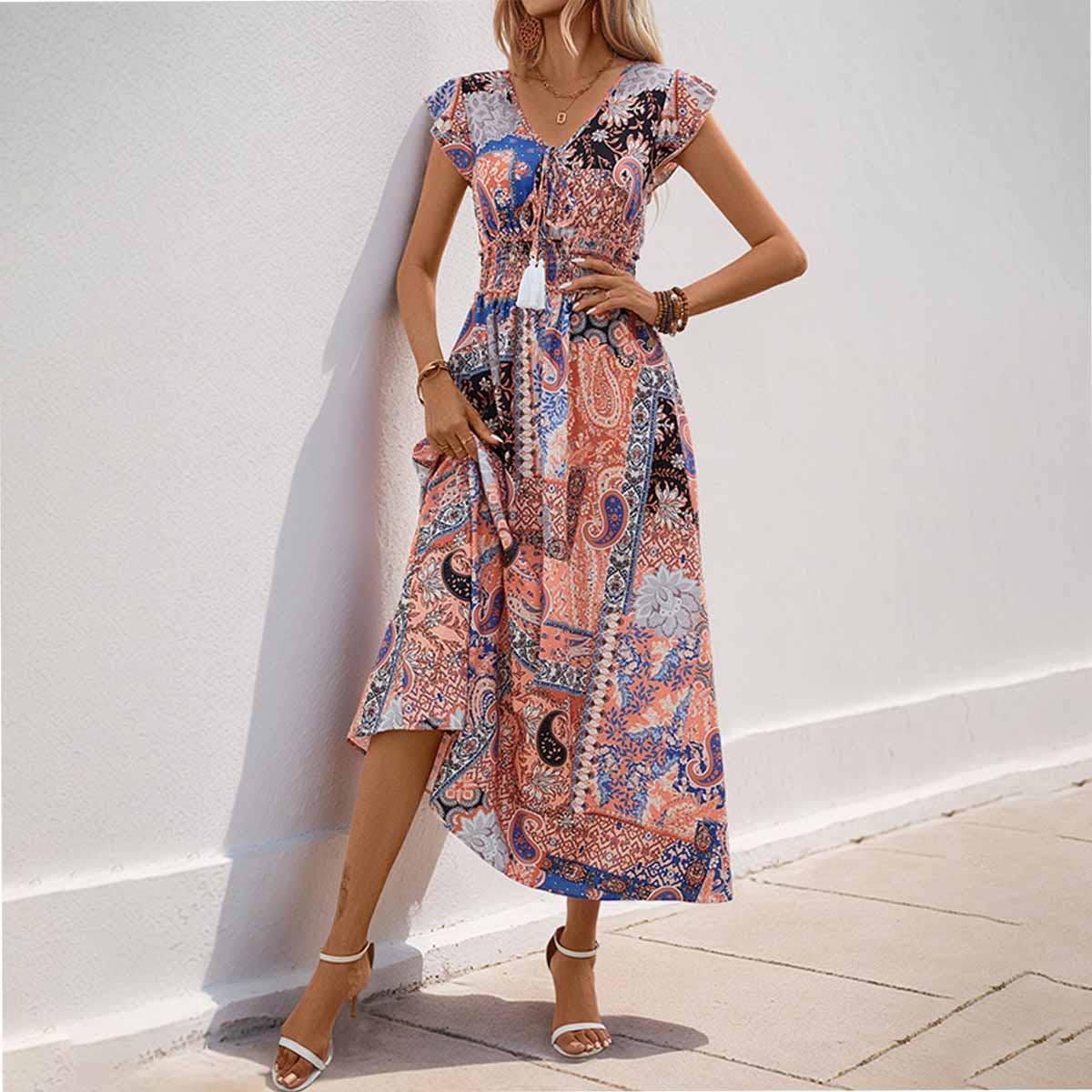 Paisley floral print flysleeve long swing dress