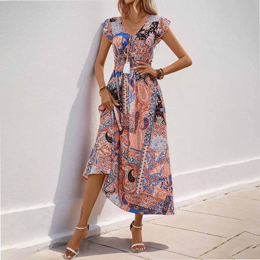 Paisley floral print flysleeve long swing dress