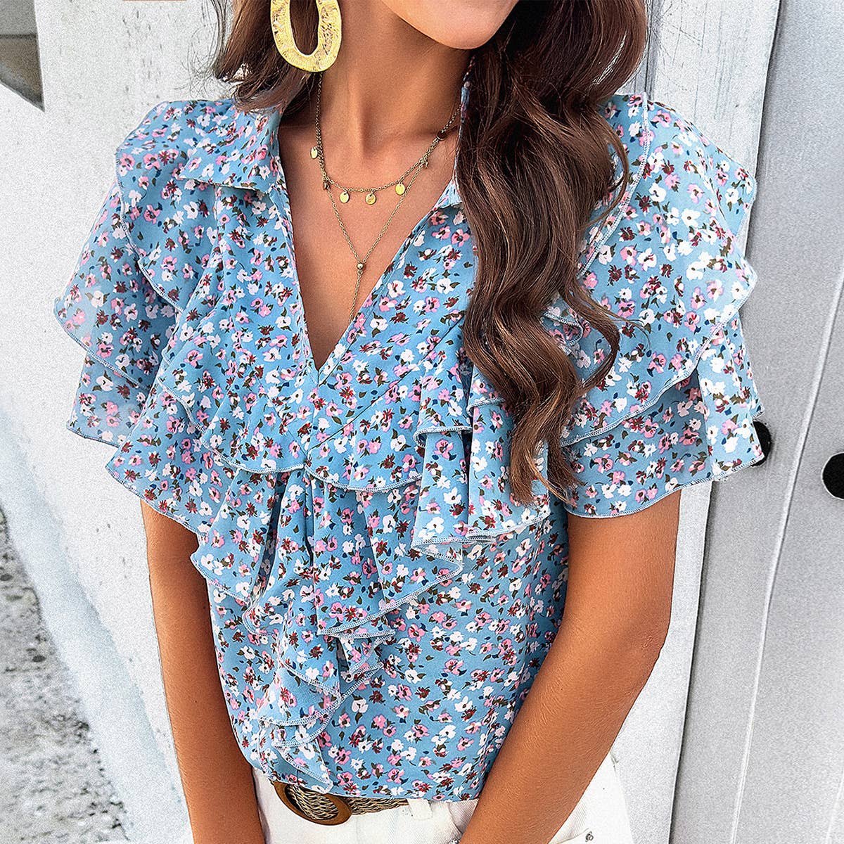 ELEGANT PRINTED FLORAL WOOD EAR BLOUSE