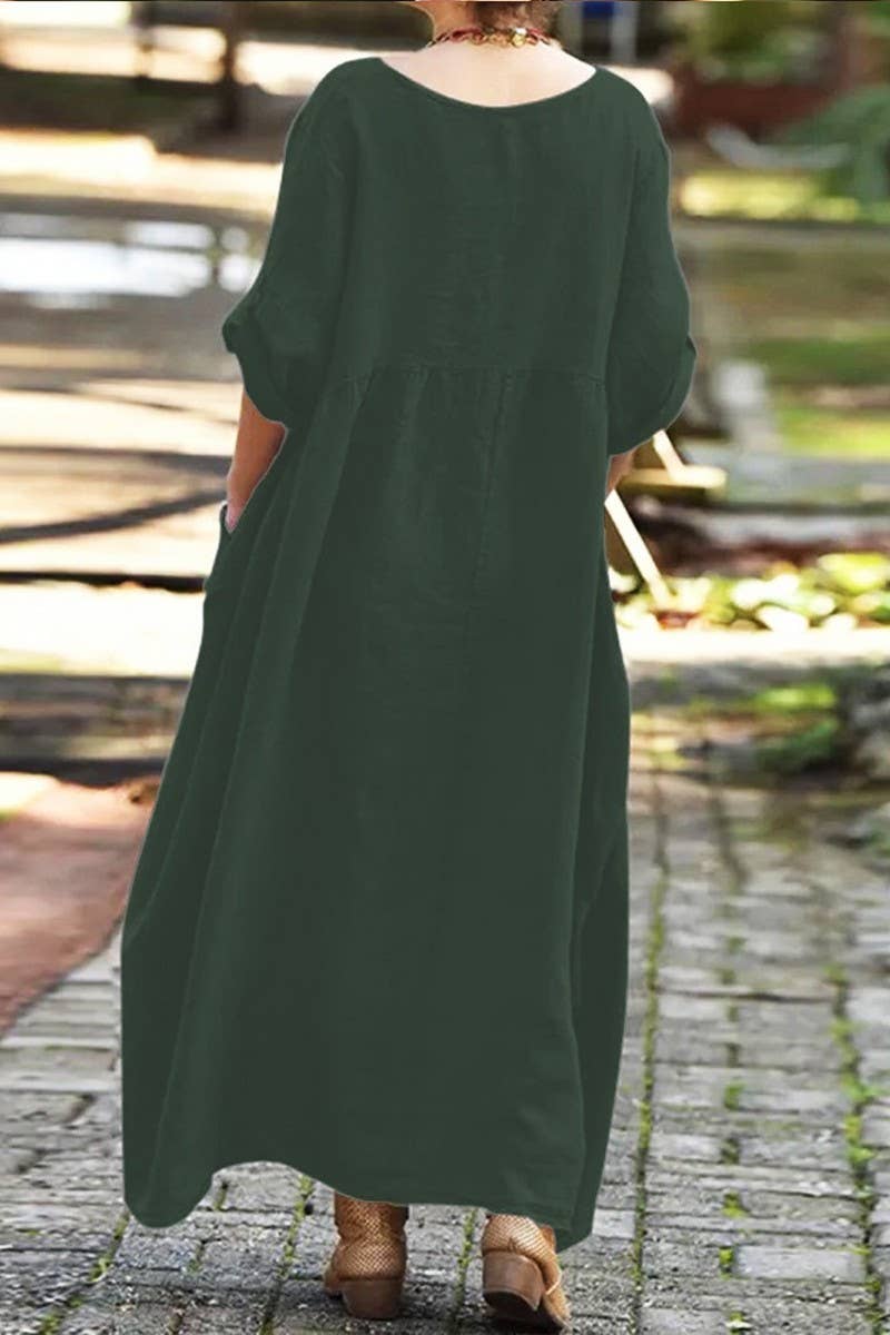 CWDMD4868_LONG SLEEVE V-NECK POCKET COTTON AND LINEN DRESS