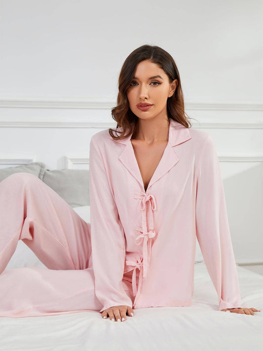 Simple bow-tie long sleeve trousers home suit