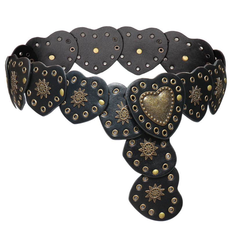 Ethnic-style heart-shaped spliced riveted belt