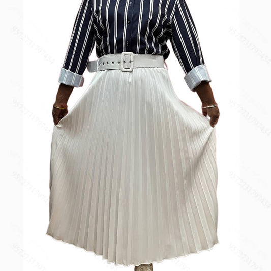 Solid-color fashionable belt pleated skirt