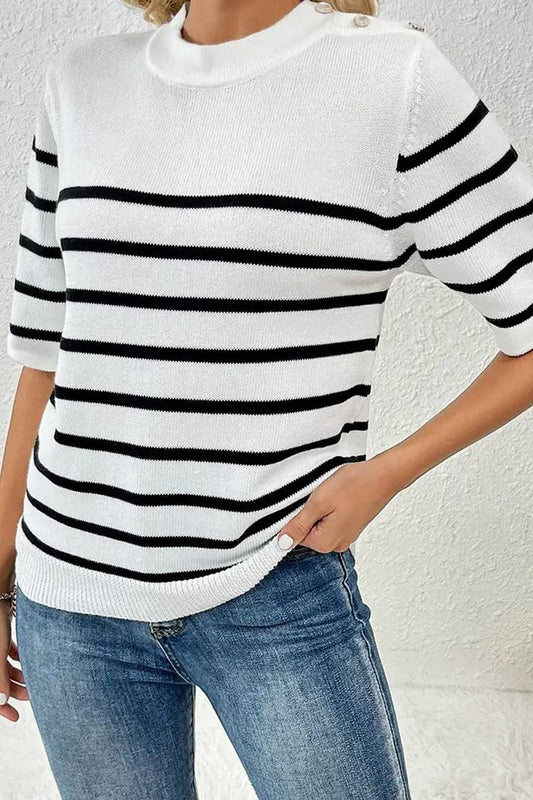 Cwtts1309_Striped Fashion Round Neck Short Sleeve Sweater