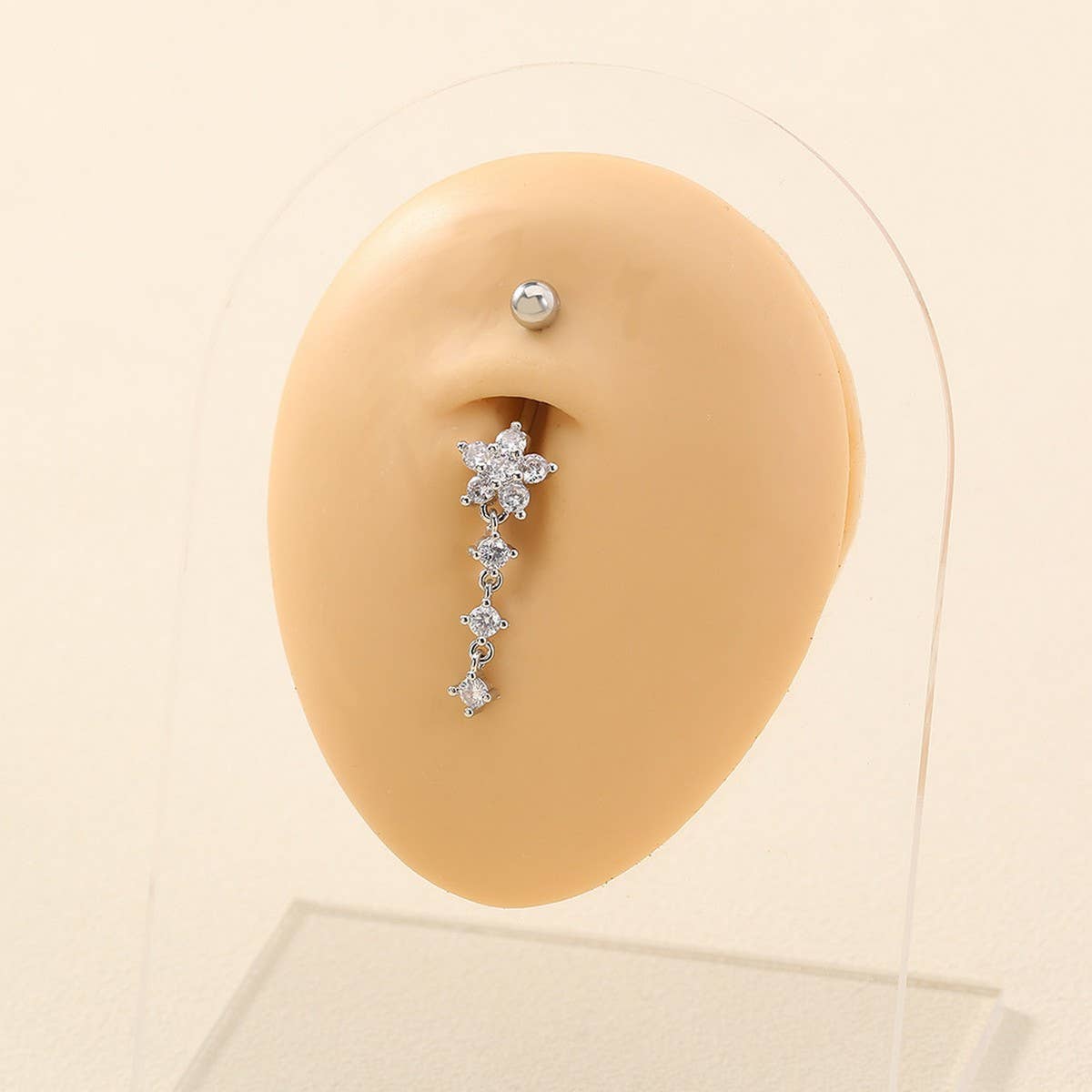 Stainless Steel Flower Zircon Dangle Belly Ring_CWMM9460
