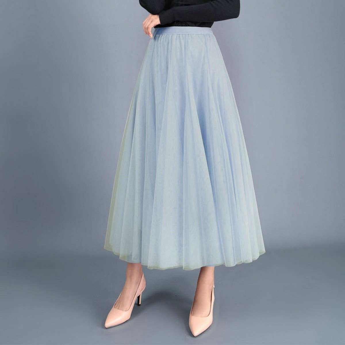 High-Waist Tulle A-Line Pleated Midi Skirt