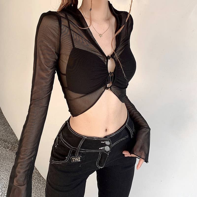 See-through mesh fitted long-sleeved top