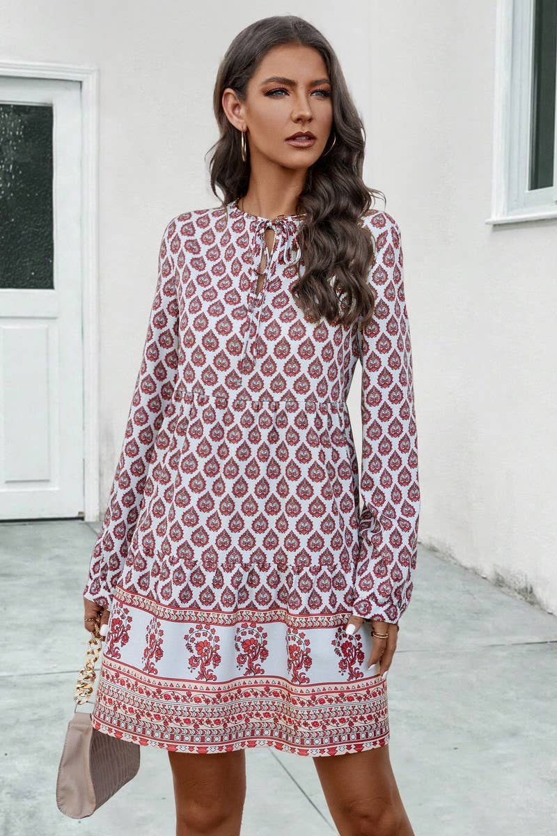 CWDSD4870_PRINTED LONG SLEEVE CREW NECK DRESS