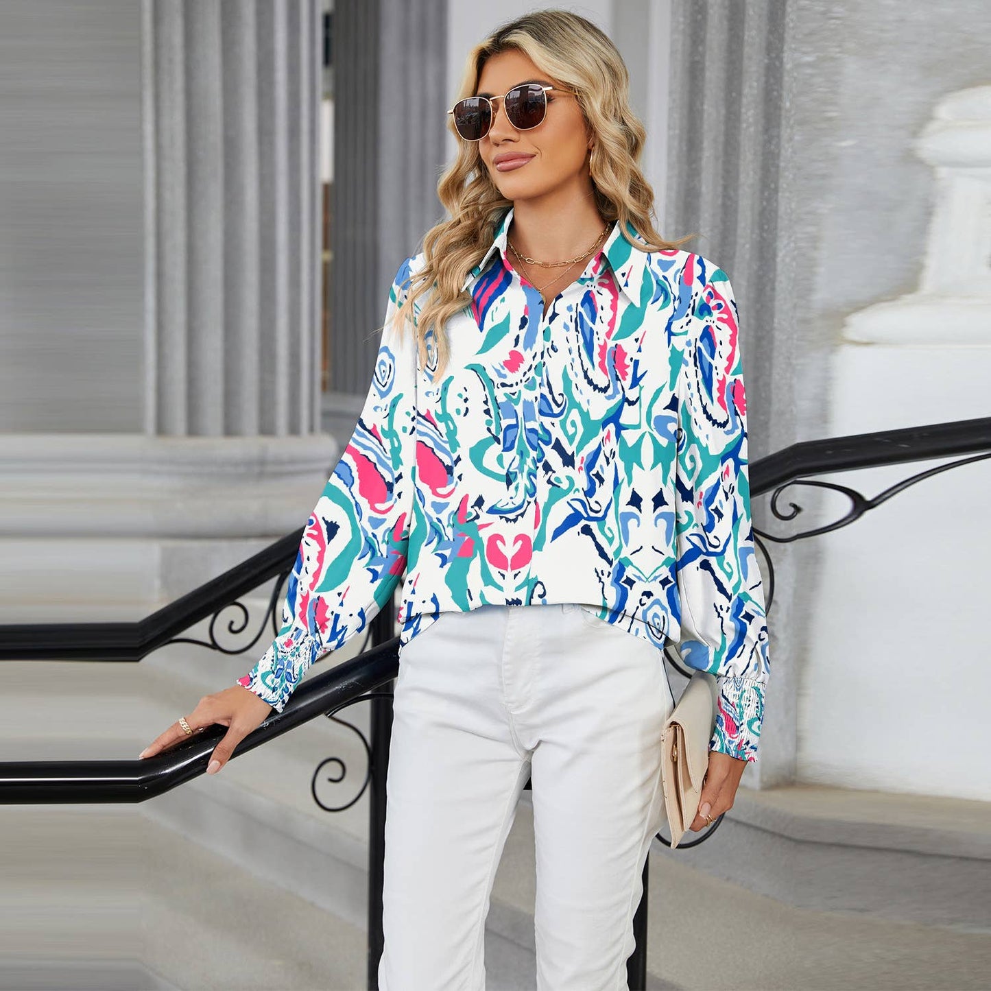 LAPEL FLORAL PRINT CASUAL LONG-SLEEVED SHIRT