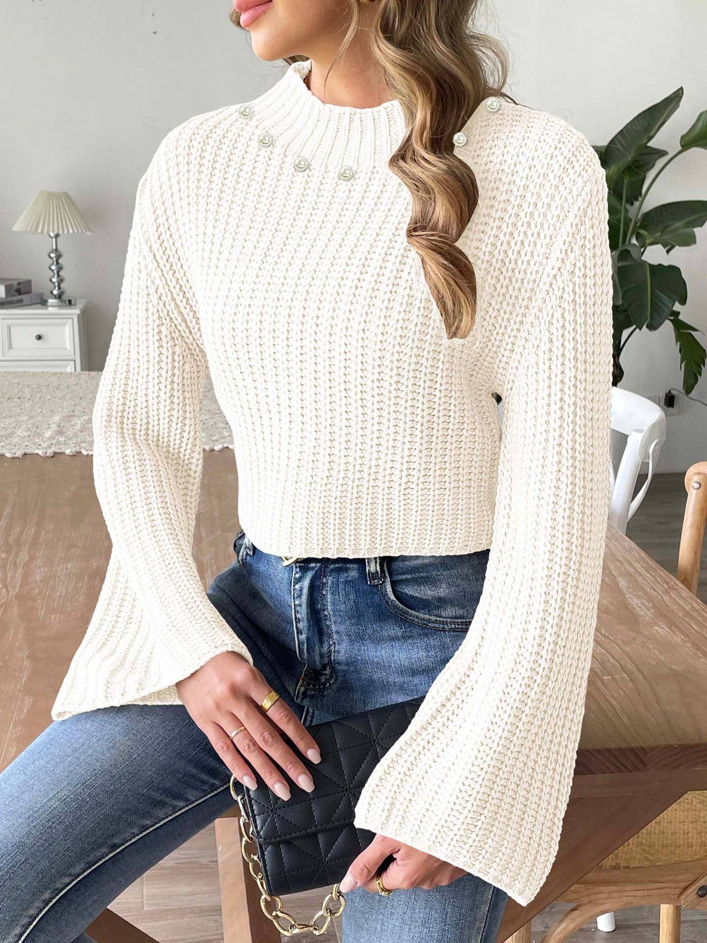 SWEATER WITH FLARED SLEEVES AND HALF TURTLENECK