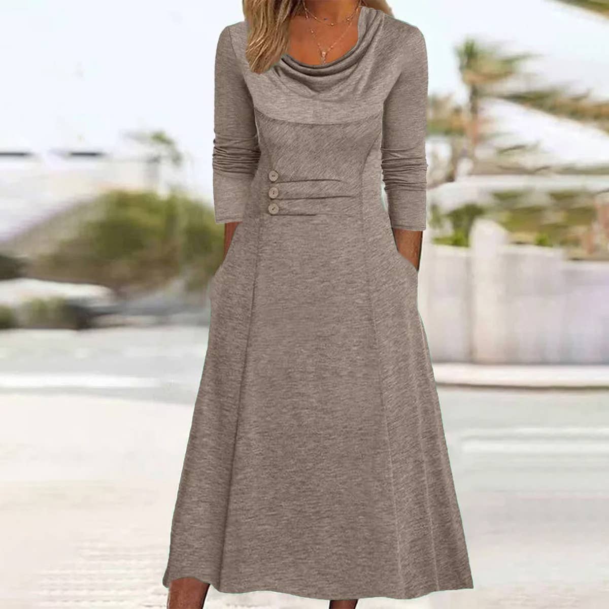ROUND NECK WAIST BUTTON POCKET SOLID COLOR DRESS