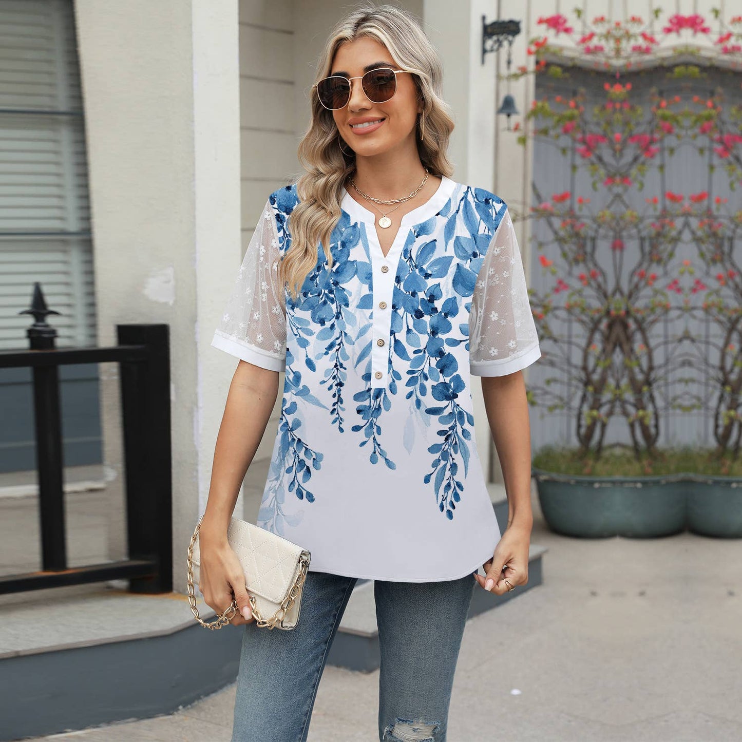 V-neck printed chiffon top with lace sleeves