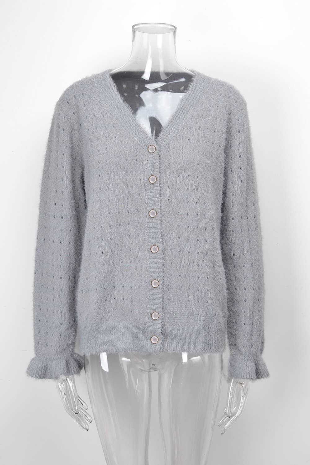 CWOSWL1057_Button Down Sleeve  V-Neck Cardigan Sweater