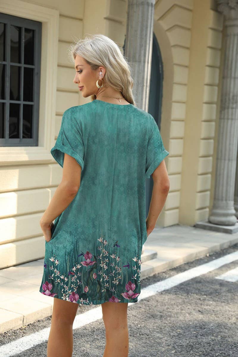 CWDSD7291_PRINTED CREW NECK SHORT SLEEVE POCKET DRESS