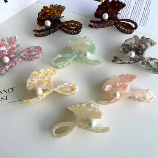 Ginkgo Leaf Pearl Acetate Hair Claw Clip for Women