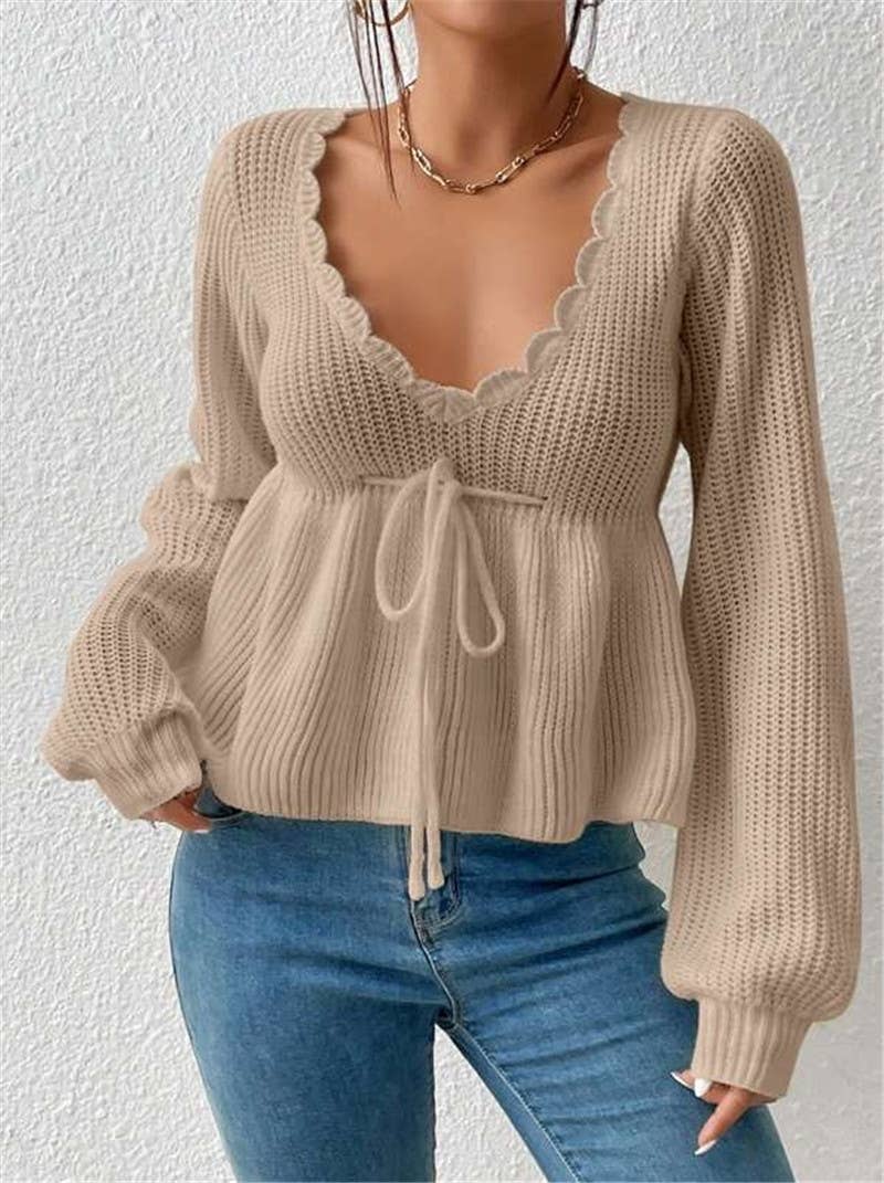 V-neck drawstring tie ruffled hem knit sweater