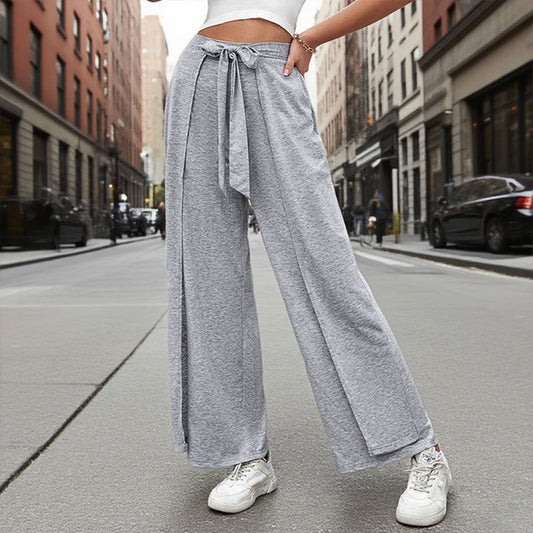 Classic solid-color cotton-like lace-up trousers