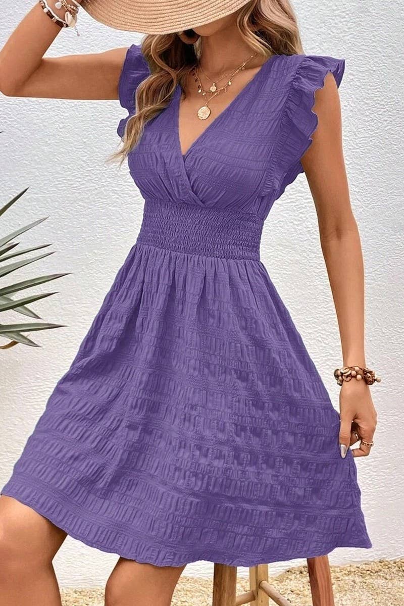 CWDSD8282_NEW SUMMER V-NECK PLEATED DRESS