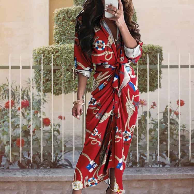 V-neck button-up long-sleeved shirt dress