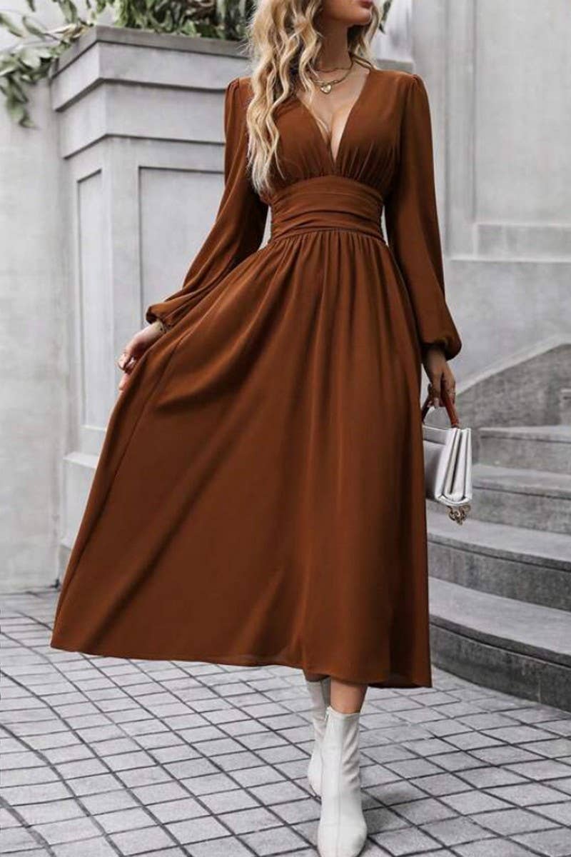 ELEGANT V-NECK PUFFED SLEEVE WAIST SLIT DRESS