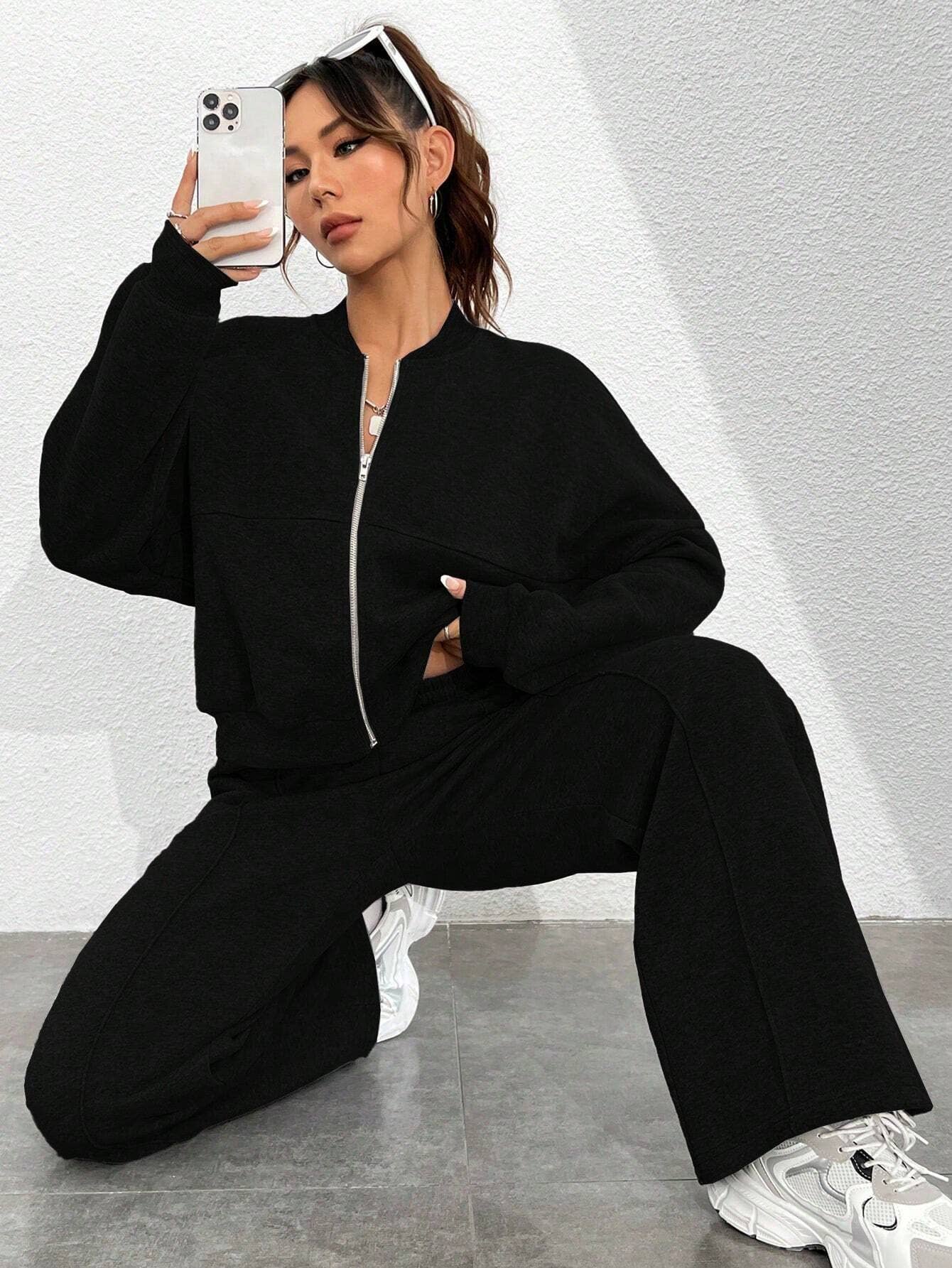 Zipper cardigan straight-leg sport pants set