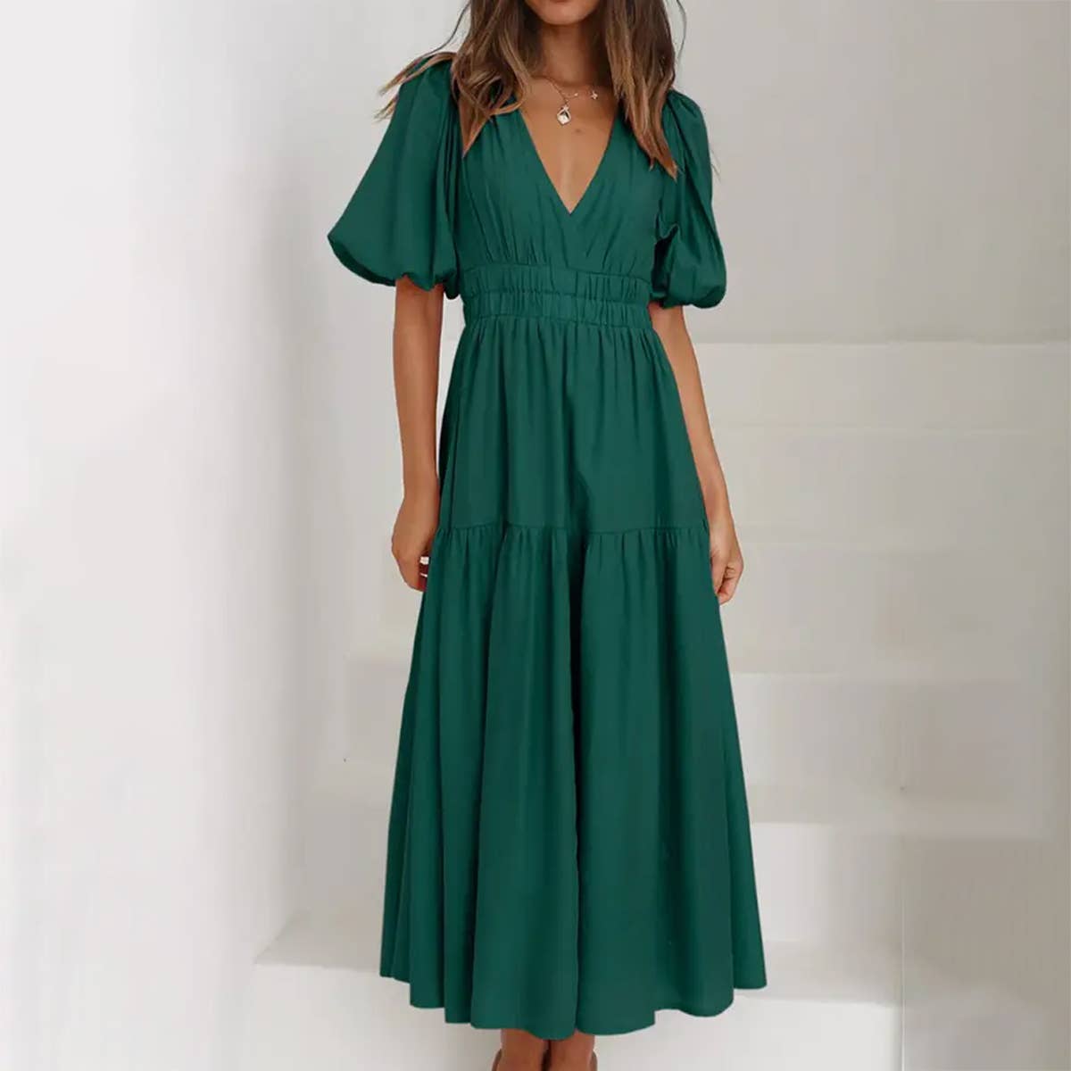 SOLID COLOR DARK V LANTERN  SLEEVE DRESS