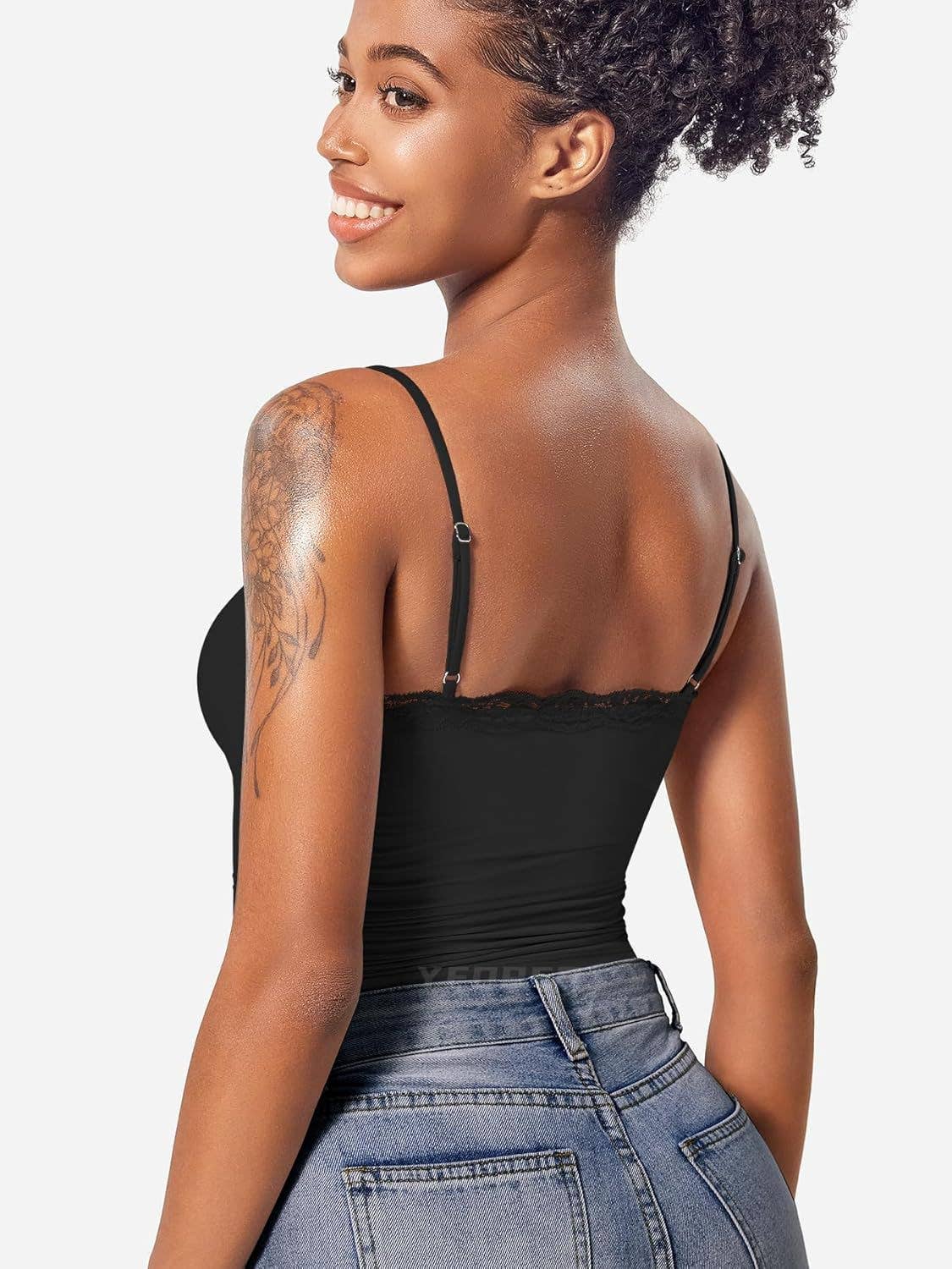 Basic solid color lace-trimmed strappy vest