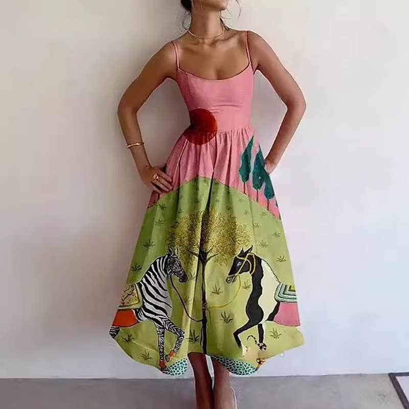 Fashion printed cinched waist,large halter dress