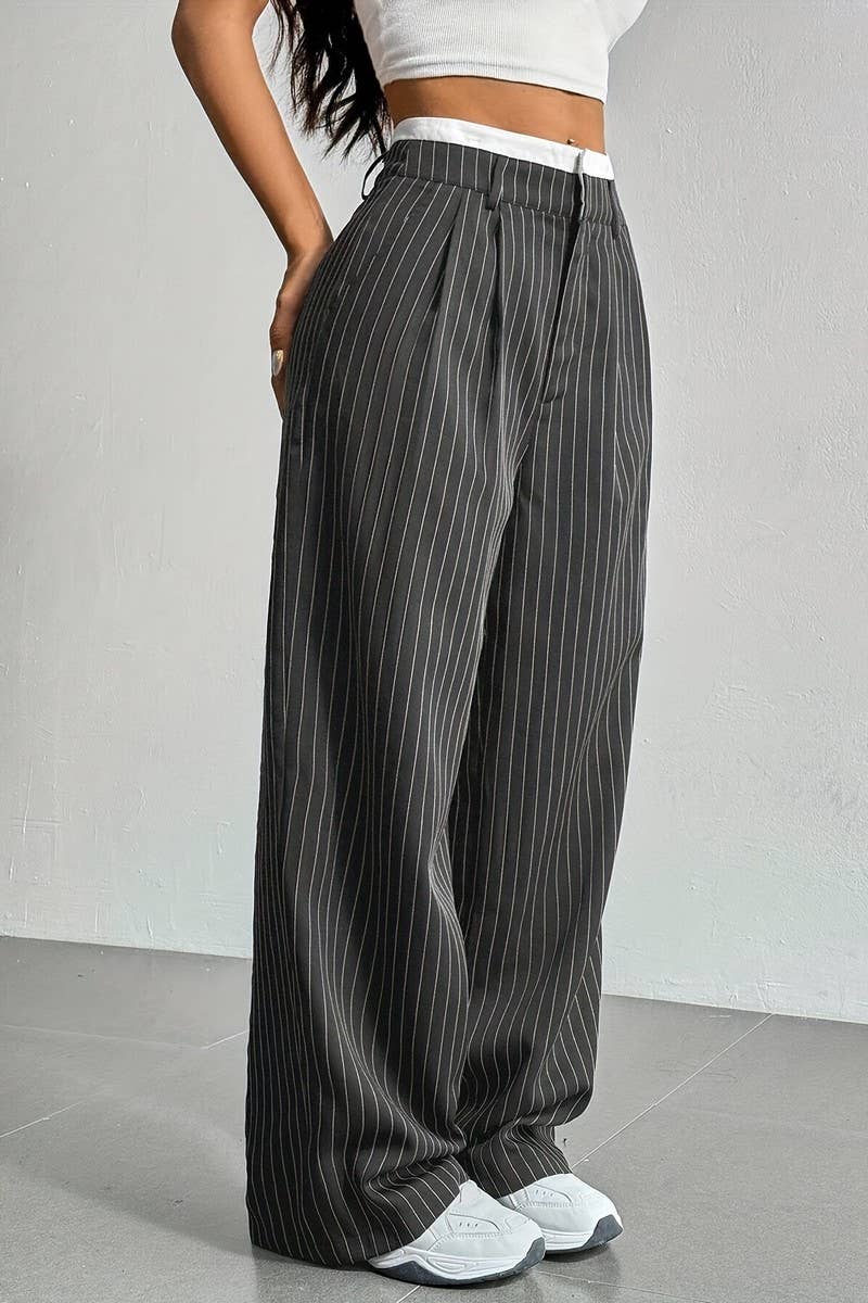 CWBLP1116_HIGH-WAISTED STRIPED LOOSE STRAIGHT-LEG TROUSERS
