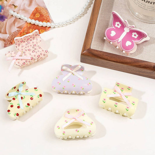 Floral Butterfly Hair Claw - Cream Print Clip